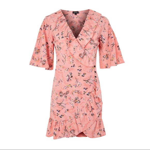 NEW TOPSHOP SHORT SLEEVE RUFFLE FLORAL PRINT MINI WRAP DRESS - Picture 8 of 9